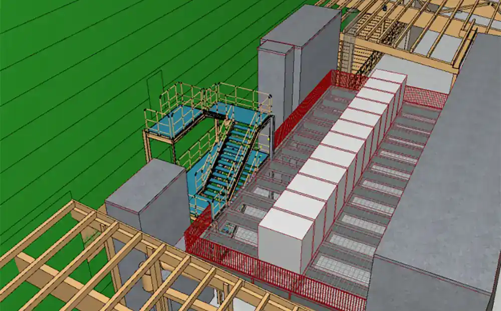 CAD-Darstellung der Anordnung der 12 Batteriespeicher-Module auf der der Installationsebene